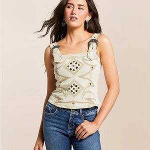 Buckle Studded Western Denim Stretch Tank Top- WITH FLAW